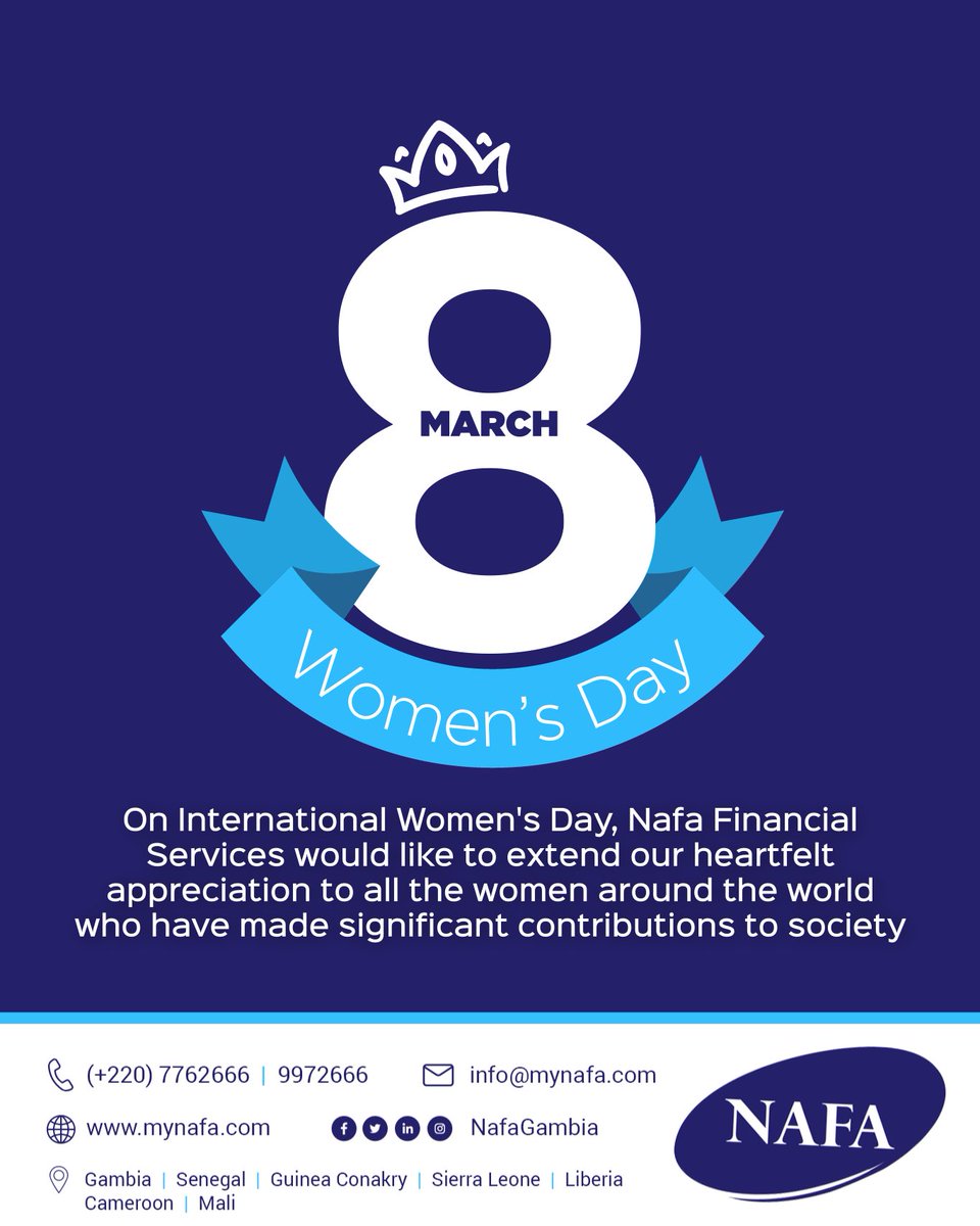 nafagambia's tweet photo. Happy International Women's Day. At NAFA Financial Services, we recognize women throughout the year and encourage diversity, equity, and inclusion.
#MyNafa #Internationalwomensday #NAFAforWomen #WomensupportingWomen #Gaawtehwoor #MyNafaWallet #Gambianwomen https://t.co/Ig83ny83aK