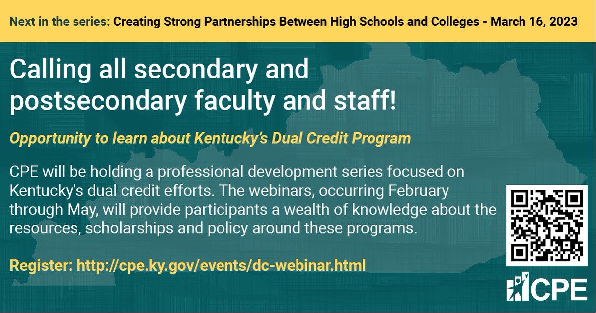 UPCOMING 3/16/23: Learn strategies for establishing a dual credit partnership! Our next session will feature staff from #ThomasMoreUniversity, #EKU and Kentucky Advising Academy!  
Register: cpe.ky.gov/events/dc-webi….
<a href="/ThomasMoreKY/">Thomas More University</a> <a href="/eku/">EKU</a> <a href="/advisingky/">Kentucky Advising Academy</a> 
#dualcredit #webinar