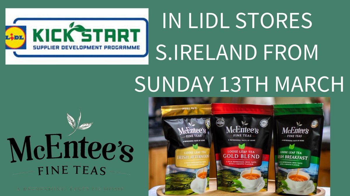 Our range of McEntee's Irish Teas are on their way to every Lidl store in S. Ireland as part of the #lidlireland Kickstart event next week. Find us in store in the Kickstart section from Sunday.
#boynevalleyflavours #louthchat #shoplocal #buylocal #drinkbettertea #stpatricksday