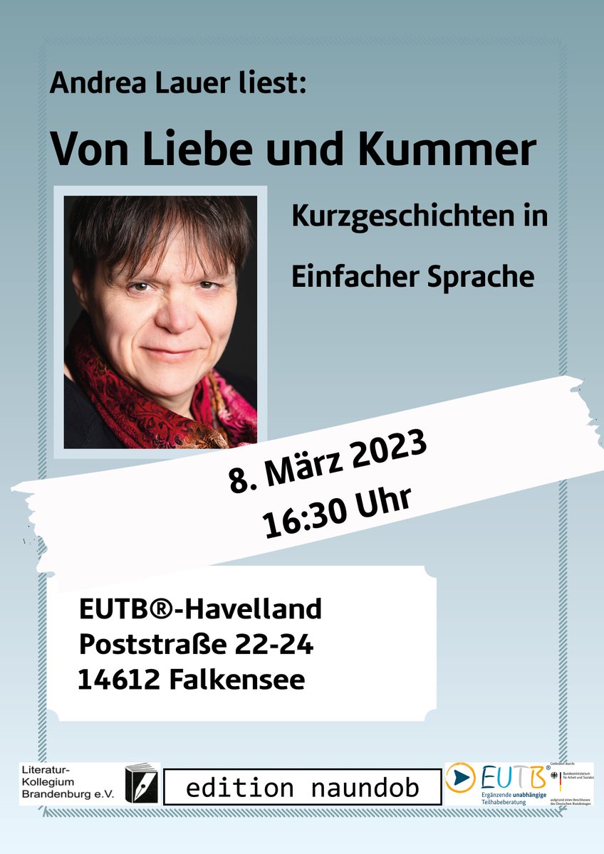 EHavelland's tweet photo. Heute ist der Internationale Frauentag.
In Brandenburg findet die 33. Frauenwoche statt.

Zu diesem Anlass gibt es bei uns eine Lesung von Andrea Lauer in Einfacher Sprache. Sie liest Texte über Liebe und Kummer. Über Frauen, die sonst nicht zu Wort kommen: Frauen mit Behinderung https://t.co/N9QZYHu3XM