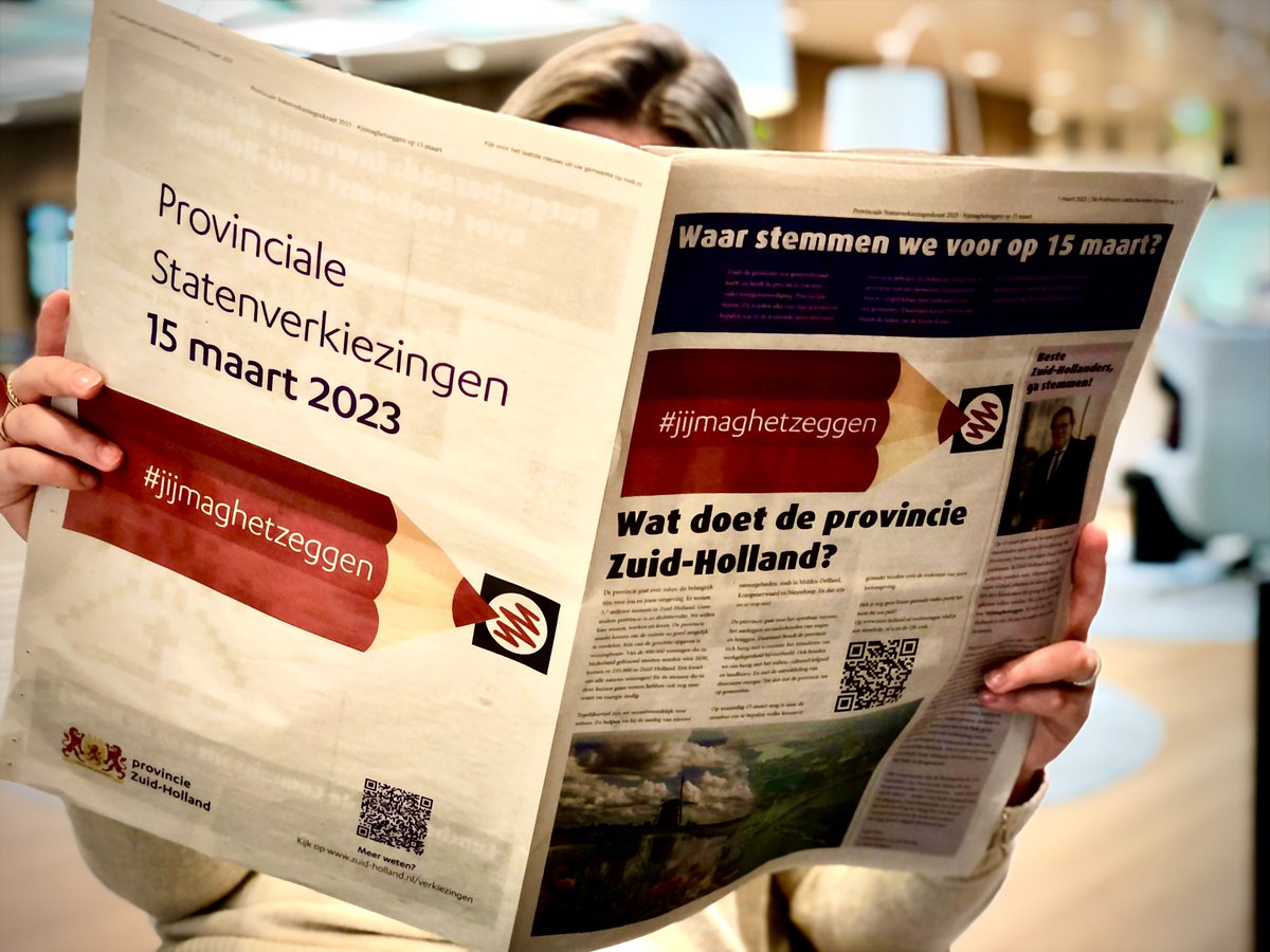Alle 3,7 miljoen inwoners van Zuid-Holland krijgen deze week de verkiezingskrant van de provincie Zuid-Holland op de mat. Wat doet de provincie? Waar stem ik voor? En welke partij past het beste bij mij? Woensdag 15 maart:#jijmaghetzeggen #ps23