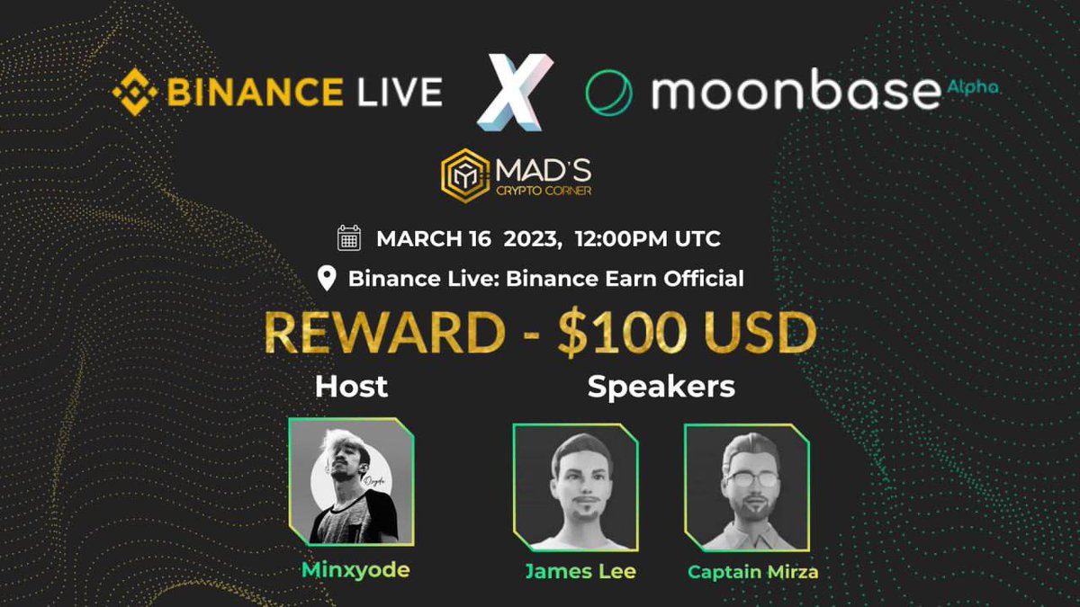MbxFinance's tweet photo. 📣 AMA Alert
Binance Live X Moonbase Alpha
Hosted by @MadsCrypto_ 

📅 Date: 16 March
🕛 Time: 12 PM UTC
⛳️ Venue: https://t.co/NHt5MV5h4X

🗣 Speakers
🧑🏻‍💻 Captain Mirza, CTO / Co-Founder - MoonBA
🧑🏻‍💻 James Lee, Chief Advisor &amp; Web3 Design - MoonBA

💸 Reward Pool: $100 USD https://t.co/tS7iFEZ5fL