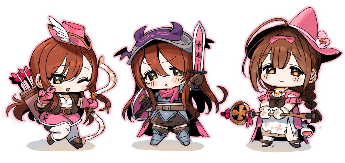 kuwayama chiyuki ,osaki amana ,osaki tenka 3girls multiple girls hat weapon chibi brown hair braid  illustration images