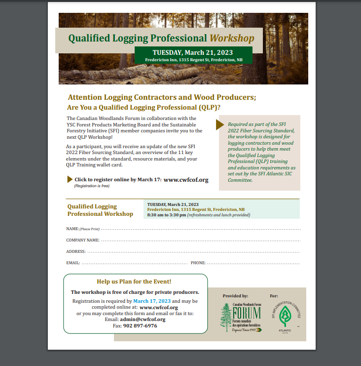 YscForest's tweet photo. Upcoming workshop on Qualified Logging to be held Tuesday March 21st at the Fredericton Inn. To register please contact YSC either by phone (506-444-6644) or by email (yscsts@yscnb.ca) https://t.co/xQJMu8h1sE