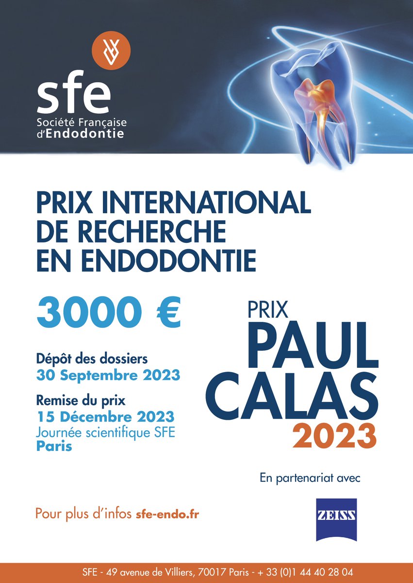SFEndodontie's tweet photo. Participez au prix de rechercher en endodontie Paul Calas !
Dépôt de dossier avant le 30 septembre.
Plus de détails sur https://t.co/qlEKqrBuSb https://t.co/uyBAXYwlSx