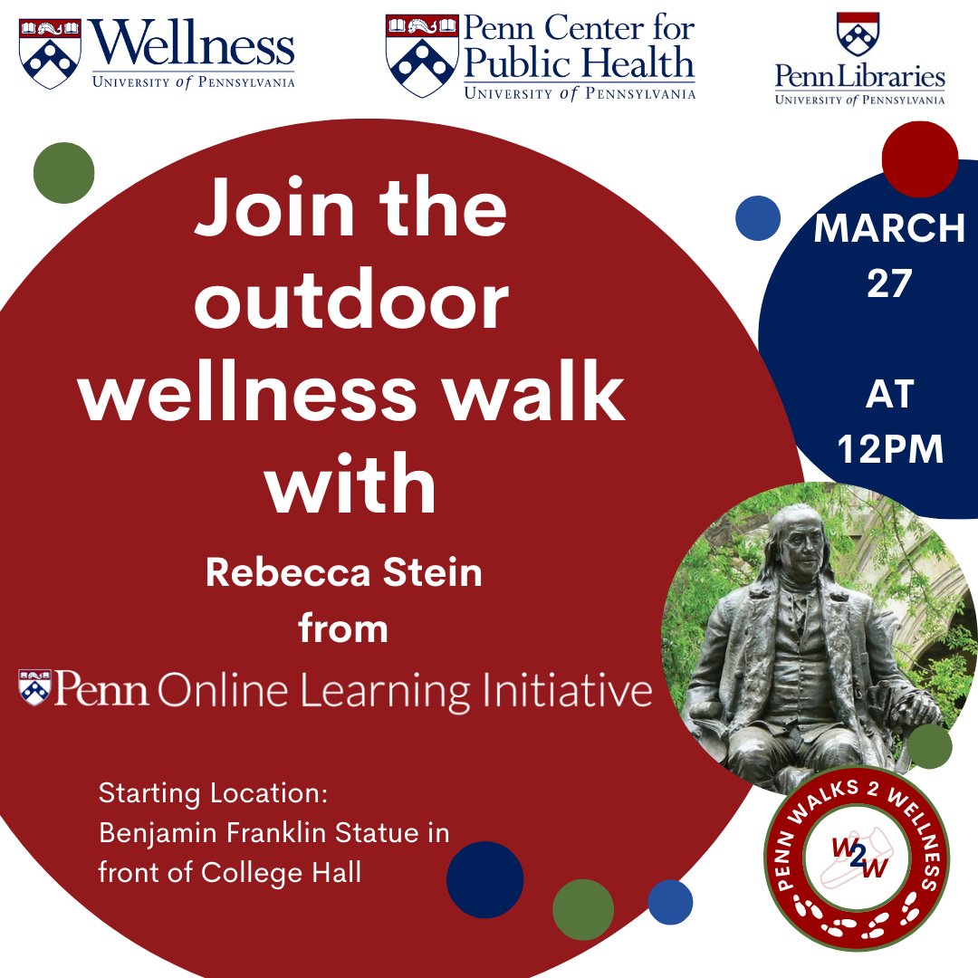Thank you, @CareersAtPenn, <a href="/PennPubHealth/">Penn Public Health</a>, and <a href="/Penn/">Penn</a> Professional Staff Assembly for cohosting the indoor walk yesterday!

Join Rebecca Stein from @PennOnline for an outdoor walk on Mon 3/27 @ 12pm starting @ Ben Franklin statue in front of College Hall libcal.library.upenn.edu/profile/17611