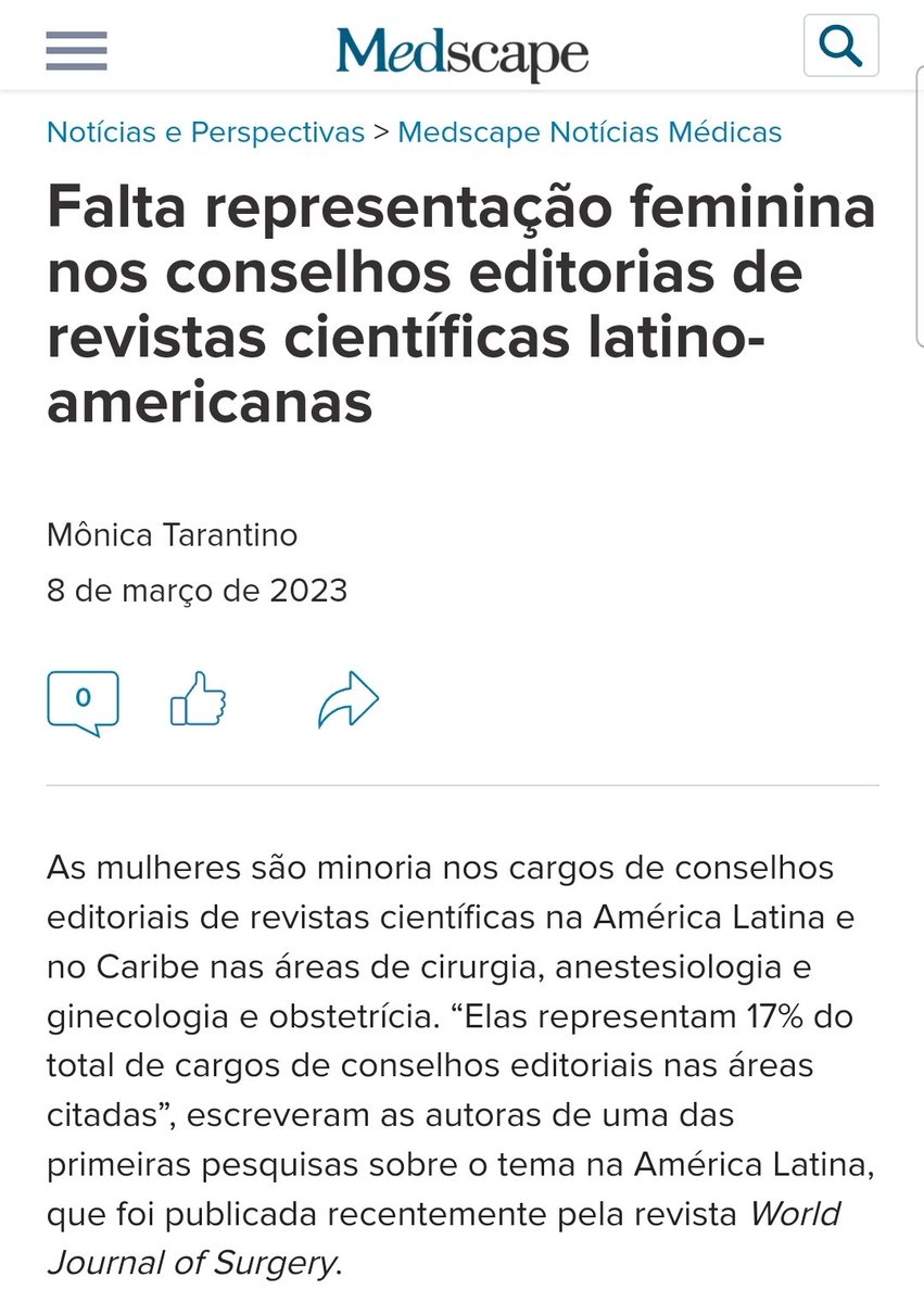 Leti_Campos_'s tweet photo. On #WomensDay, I am happy to see @MedscapePT publishing a news about our study from @HarvardPGSSC Team #Brazil about the representation of #women in #editorialboards in #LatinAmerica. 

🔗 Post: https://t.co/8yAM21uT7n

🔗 Article: https://t.co/qZmTw49Rlj

#GlobalSurgery https://t.co/tlm1DgzYe8