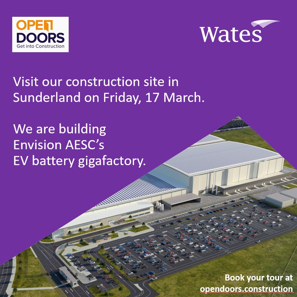 Do you want to go behind the site hoardings?  @WatesGroup is still offering places at the @OpenDoors23 event on site at Envision AESC UK in Sunderland on Friday, 17 March.  You can book your visit via the Open Doors website: opendoors.construction/site/768
#OpenDoors23
#LoveConstruction