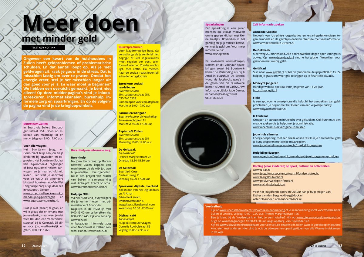Vanmorgen hadden we weer een inspirerende redactievergadering met bruisende ideeen voor het volgende magazine! 
Deze spread wil ik nog even met jullie delen: meer doen met minder geld in Zuilen.