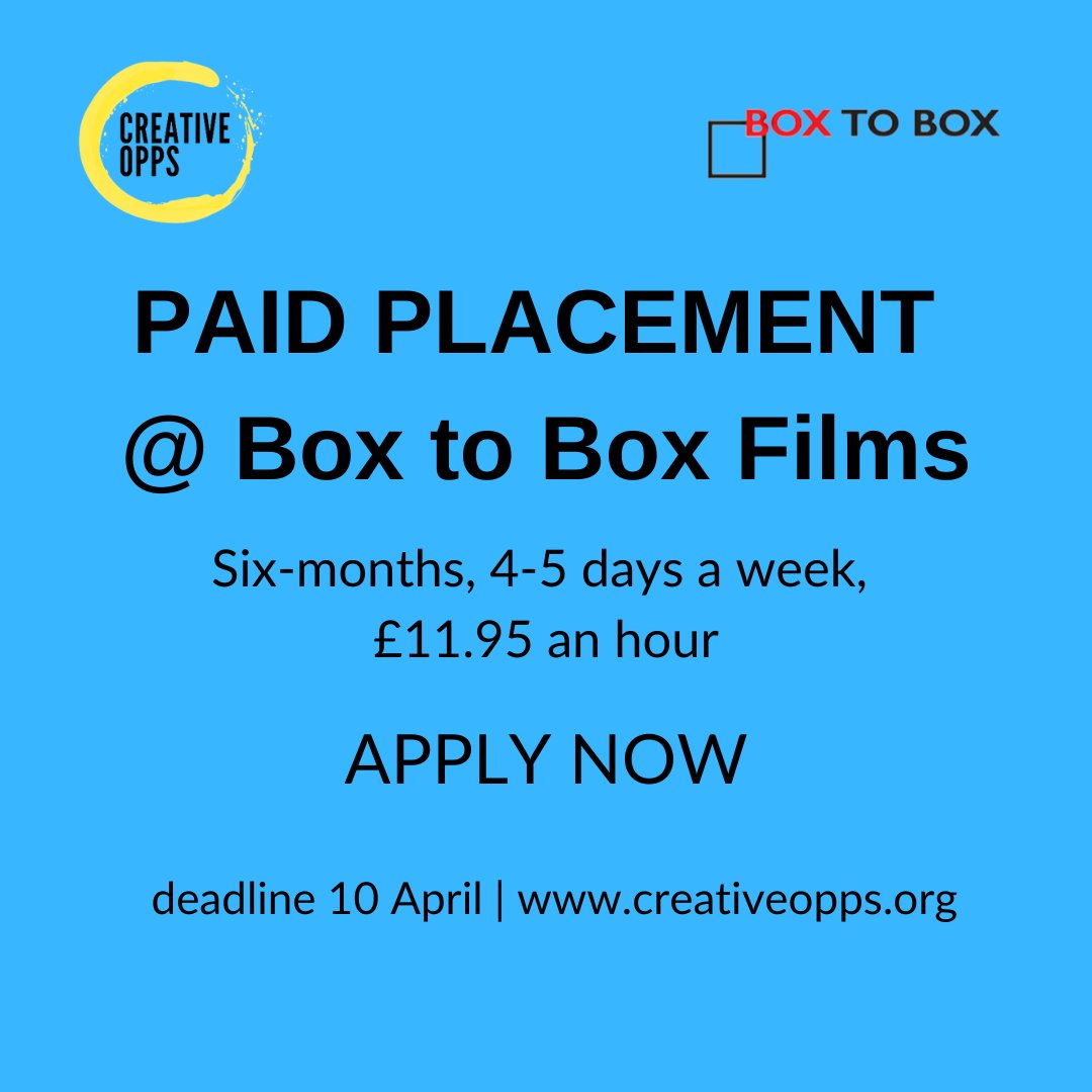 creative_opps's tweet photo. Want a job in documentary development but don’t know where to start? This 6-month paid placement with award-winning documentary makers, @boxtoboxfilms, could be the perfect next step into your dream career! Deadline 10 April. Read more and apply here: https://t.co/dzb9d9iqub https://t.co/dfBGWEyRvQ