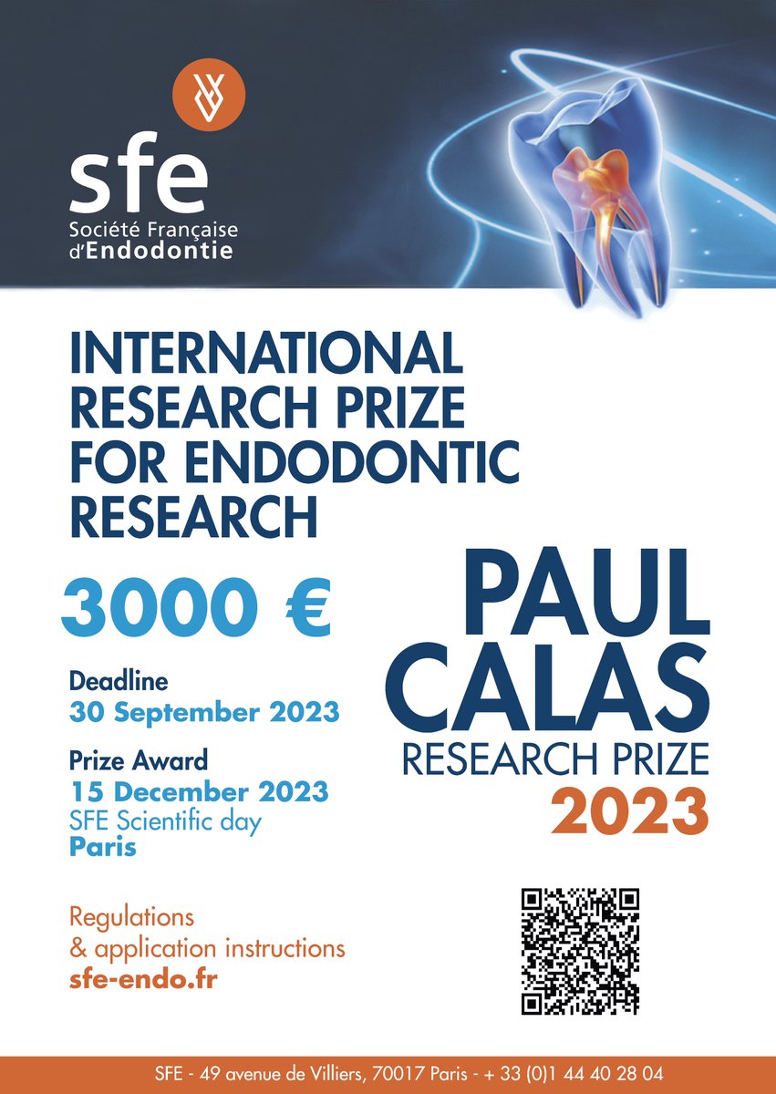 SFEndodontie's tweet photo. Do you make endodontic research ? 
Submit your work !
Applications should be made before 30 septembre 2023.
Details on https://t.co/DG2x3JLUs1 https://t.co/RKVGMgipl6