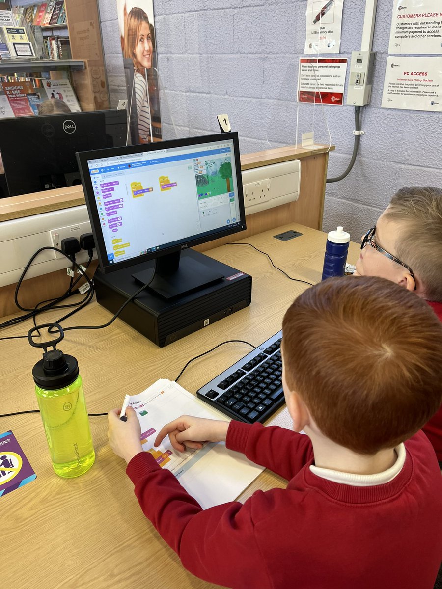 Westfield_PS's tweet photo. P5/6 have been creating  serene scenes using Scratch code at the library today 💻 Great team work 👏@LibrariesNL #CodeHere #LogInToLearn https://t.co/IpIzyzUj5v