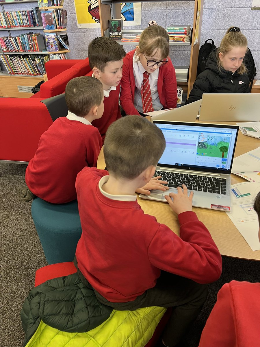 Westfield_PS's tweet photo. P5/6 have been creating  serene scenes using Scratch code at the library today 💻 Great team work 👏@LibrariesNL #CodeHere #LogInToLearn https://t.co/IpIzyzUj5v