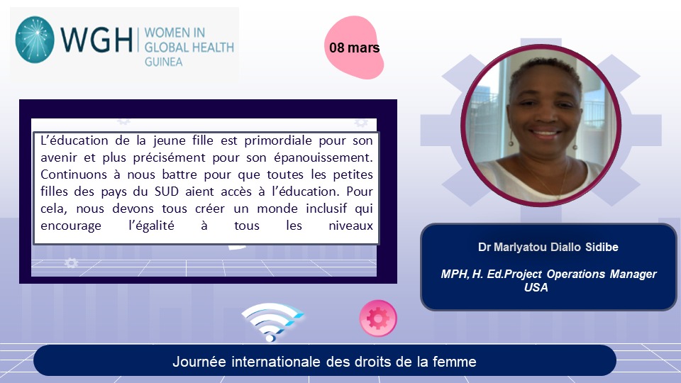 #journeeinternationaledesdroitsdesfemmes
Dr Marly Diallo-Sidibé plaide pour un monde inclusif qui encourage l'égalité à tous les niveaux 
<a href="/aisbarry/">Barry Aissatou</a> <a href="/WGHFrancoAO/">WGH Afrique de l'Ouest Francophone</a> <a href="/NigerWgh/">Women in Global Health Niger</a> <a href="/balde_rouguy/">Rouguy Balde</a> <a href="/MariameBailoDi2/">Loumbouta Business Center</a> <a href="/SonaKonate2/">Sona Konate, MD</a>