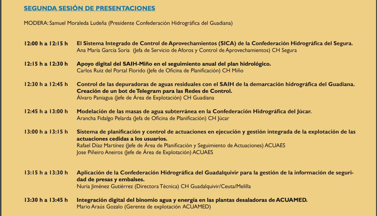 ✅Hoy nos vemos en <a href="/Smagua/">Smagua</a>
👩‍💻La Jefa de Servicio de Aforos y Control de Aprovechamientos de <a href="/chsriosegura/">Confederación Hidrográfica del Segura</a>, Ana M. García Soria, habla del Sistema Integrado de Control de Aprovechamientos (#SICA)
➡️Herramienta de control de consumos  
➡️Básica para la gestión de la #cuencaSegura
