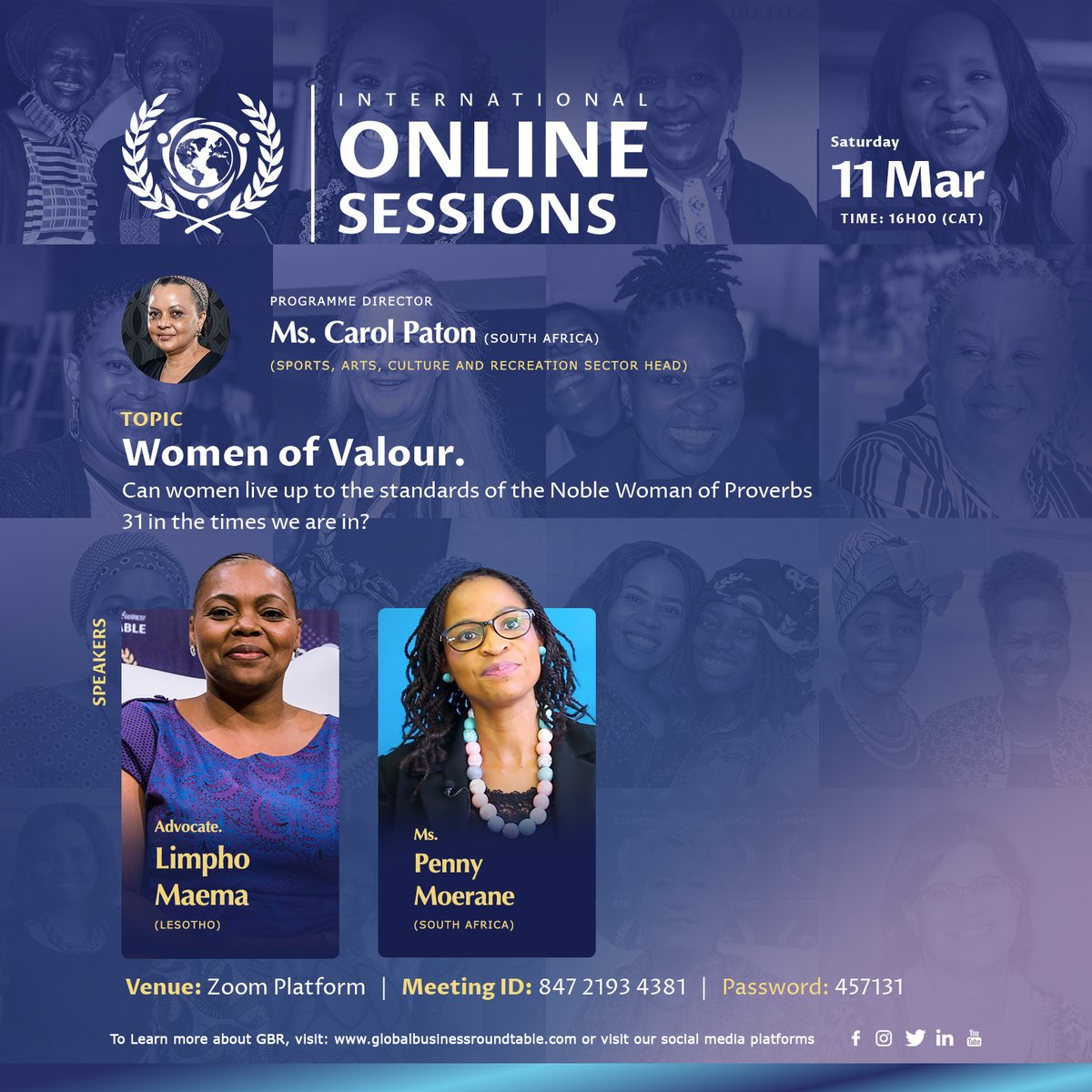 Real_GBR's tweet photo. Join us in this robust online session as we unpack the biblical context of the Proverb noble woman and how this applies to the “woman” today.

Theme: Purple, Blue, or Gold.

Link: https://t.co/UqxsseiqgK
#Globalbusinessroundtable
#GBRinternationalwomnsday
#Internationalwomensday https://t.co/0Lc0jYxZxV