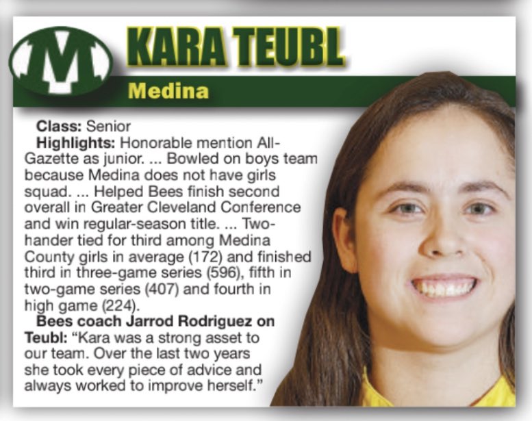 Congratulations Kara for making the All-Gazette girls team! 🐝🎳<a href="/mharper10/">Mason Harper</a> <a href="/medinaathletics/">Medina Athletics</a> <a href="/Ohio_GCC/">Greater Cleveland Conference</a> <a href="/ElisaTedona/">Elisa Tedona</a> <a href="/MedinaBoosters/">MedinaBoosters</a> <a href="/MedinaAlumni/">Medina Alumni</a>