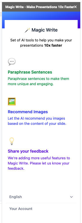 RohitvNiranjan's tweet image. Nice new #AI feature on #GoogleSlides that helps you with Slides/Deck within minutes 

Also has the #MagicWrite feature where you can paraphrase, and add AI-recommended images. 

#GoogleAI #SlidesAIIO @GoogleAI