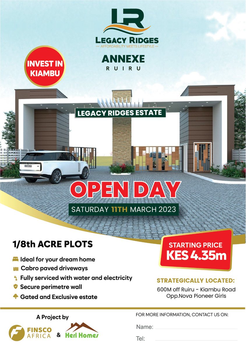 RynRealtor's tweet photo. EARLY BIRD OFFERS Introducing Legacy Ridges Phase 4 plots, Directly opposite Nova pioneer school in Tatu City selling 50*100 @4.2M and 100*100 @8.3M. https://t.co/5hjjkChN3L