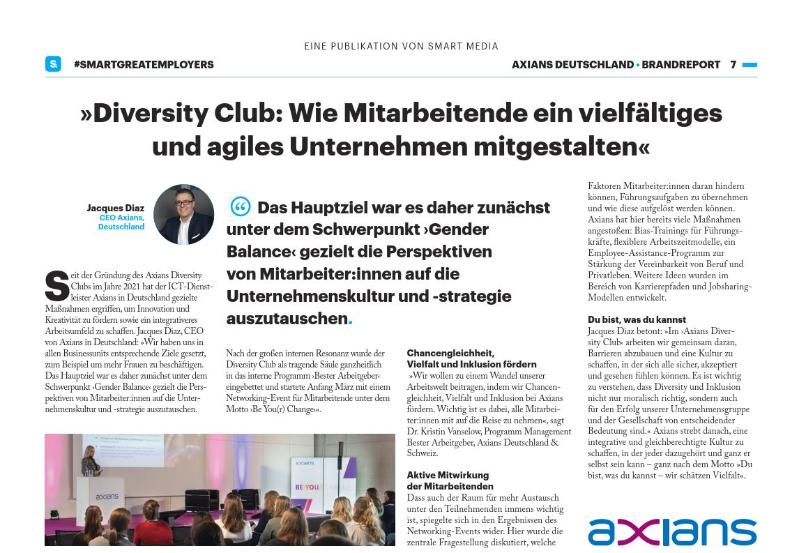 Heute feiern wir den #Weltfrauentag und ich bin stolz darauf, dass wir bei @AxiansDE für #Vielfalt und #Gleichberechtigung eintreten. Als Highlight erscheint heute in der WELT-Beilage #SmartGreatEmployers ein Artikel über #Axians zu diesem wichtigen Thema. Viel Spaß beim Lesen.