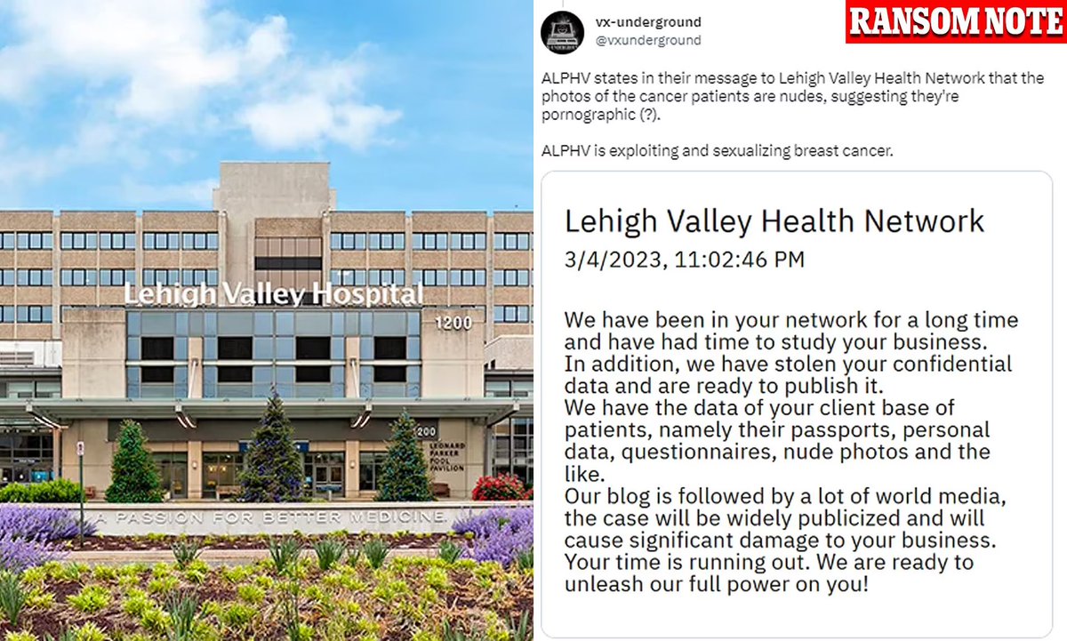 CensoredMen's tweet image. Russian hackers post NAKED photos of Pennsylvania cancer patients receiving treatment to the dark web, After hospital refused to comply with their ransom demands.
-
The images were obtained by a group known as ALPHV, nicknamed BlackCat.
