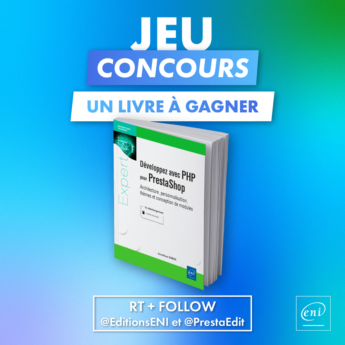 Surprise ! 🎁

Pour vous remercier d'avoir suivi la conception de mon livre "Développez avec PHP pour #PrestaShop", je vous propose un #concours 🥰

Follow et RT <a href="/PrestaEdit/">Jonathan Danse</a> + @EditionsENI pour tenter de remporter 1 exemplaire du livre !
TAS le 16/03.

Bonne chance à tous !