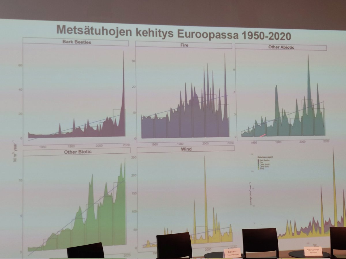 MMT @HeliViiri kertoi miten ilmastonmuutos on Euroopassa lisännyt metsätuhoja 60-luvulta nykypäivään, viime aikoina etenkin kirjanpainaja- ja tuulituhoja. Hakkuilta säästynyt metsä ei enää ole varma hiilivarasto. #PuhutaanMetsästä, Hki 8.3.2023.