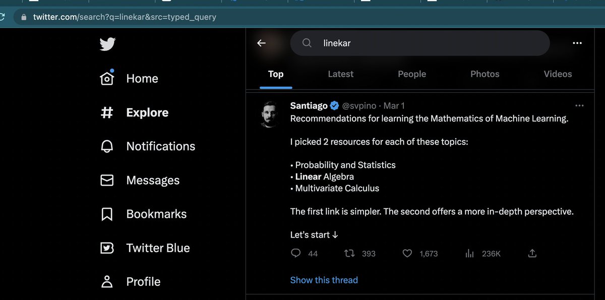 ashic's tweet image. the state of #twitter in the age of the #MuskEffect. Search for &quot;linekar&quot;, get results showing &quot;Linear Algebra&quot;. I&apos;m guessing the search and nlp teams have been fired down to nothing.