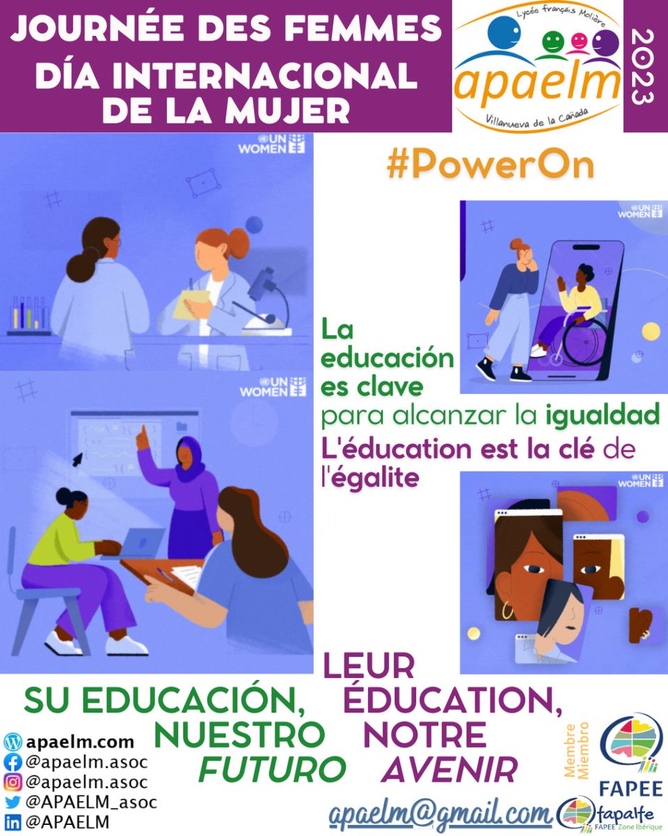 APAELM_asoc's tweet photo. Hoy y siempre, para ellas, para nosotros, para todos.
Aujourd'hui et toujours, pour elles, pour nous, pour tous.
#PowerOn #WomensDay
#DiaInternacionalDeLaMujer
#JournéeInternationaleDesFemmes
#LFIM #LFIMadrid #LFIMolière #soylfim #jesuislfim
#compromiso #AMPA #engagement #APE https://t.co/6z0YibWAZJ