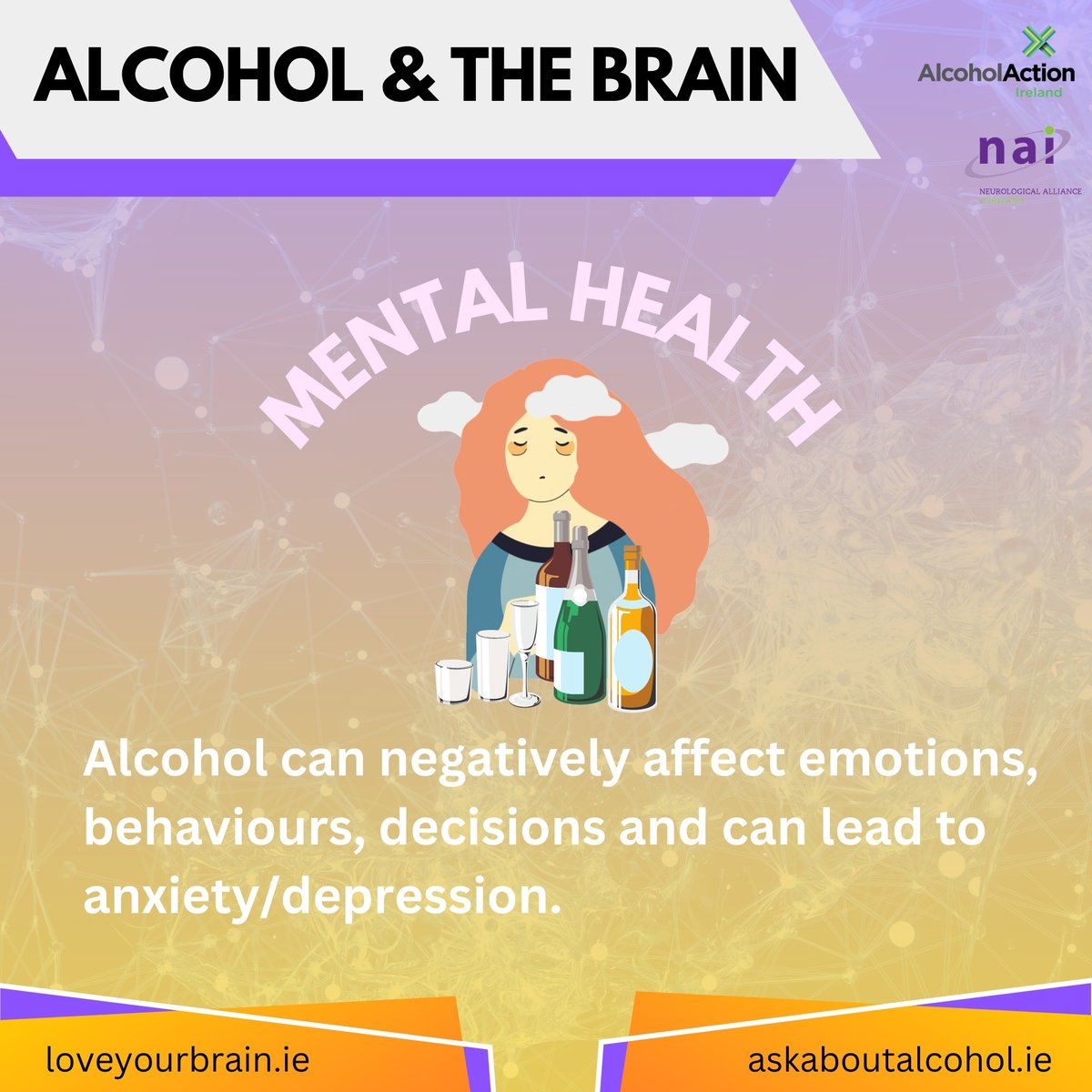 naiireland's tweet photo. Did you know that alcohol can negatively affect emotions, behaviours, decisions and can lead to depression/anxiety?

This #brainawarenessweek2023 we're partnering with @HSELive and @AlcoholIreland to raise awareness of the effects of alcohol on brain health #investinbrainhealth https://t.co/pUrfEyyqtq