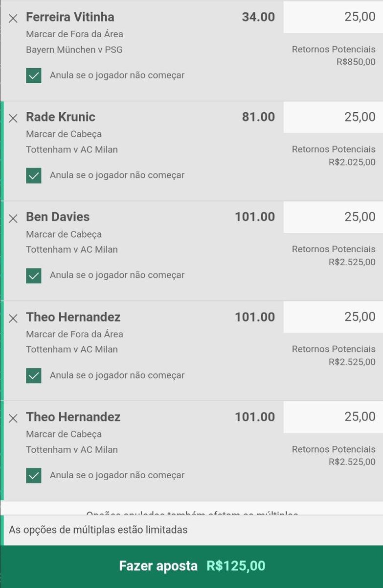 leozintips's tweet image. É muito bom perder dinheiro nessas ODDs.

🇵🇹 Vitinha de fora da área (0,25%)
🇧🇦 Rade Krunić de cabeça (0,25%)
🏴󠁧󠁢󠁷󠁬󠁳󠁿 Ben Davies de cabeça (0,25%)
🇫🇷 Theo Hernández de fora da área (0,25%)
🇫🇷 Theo Hernández de cabeça (0,25%)

*Lembrem de marcar para anular caso o jogador não comece.…