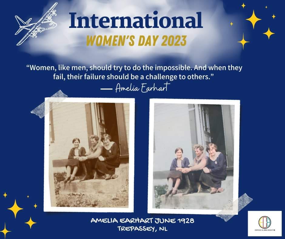 Trepassey_NL's tweet photo. #AmeliaEarhart was ahead of her time, which helped the rest of us catch up.  Did her visit change the women of #ruralNL? 

Pictured here she sits with 2 #Trepassey women in 1928 while waiting to cross the Atlantic.

Happy #InternationalWomensDay from #ECHO

#IWD2023 #newfoundland https://t.co/68gEFG9GLC