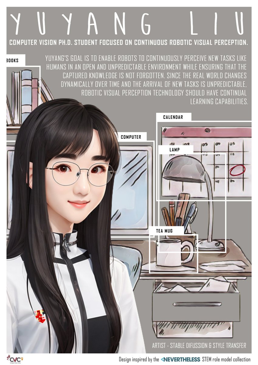 CVC_UAB's tweet photo. Our 5th #CVCWomeninScience poster is... Yuyang Liu’s!!🎉♀️

Yuyang is a #ComputerVision PhD student focused on continuous robotic visual perception 👁️🤖
She wants to enable robots to continuously identify new tasks and develop their learning capabilities.

#CVCPeople #11F #8M https://t.co/Yu6Ze4KqwT