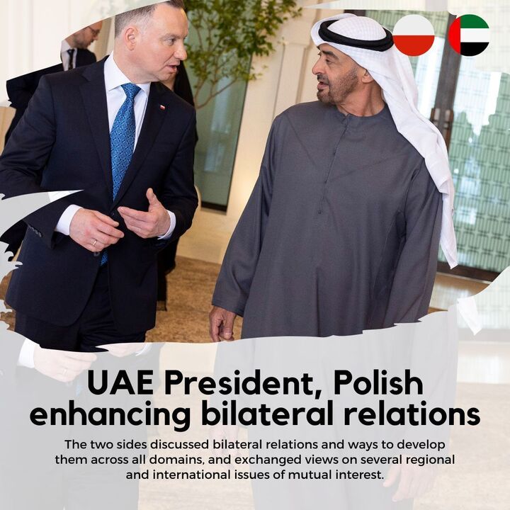 Ishaa_Rahul's tweet photo. #PresidentDuda and his delegation have arrived in the #UAE to discuss ways to develop bilateral relations across all domains. UAE's commitment towards #renewableEnergy, clean and #sustainable energy and climate action is evident
#BilateralRelations https://t.co/VlLD3jLhGL