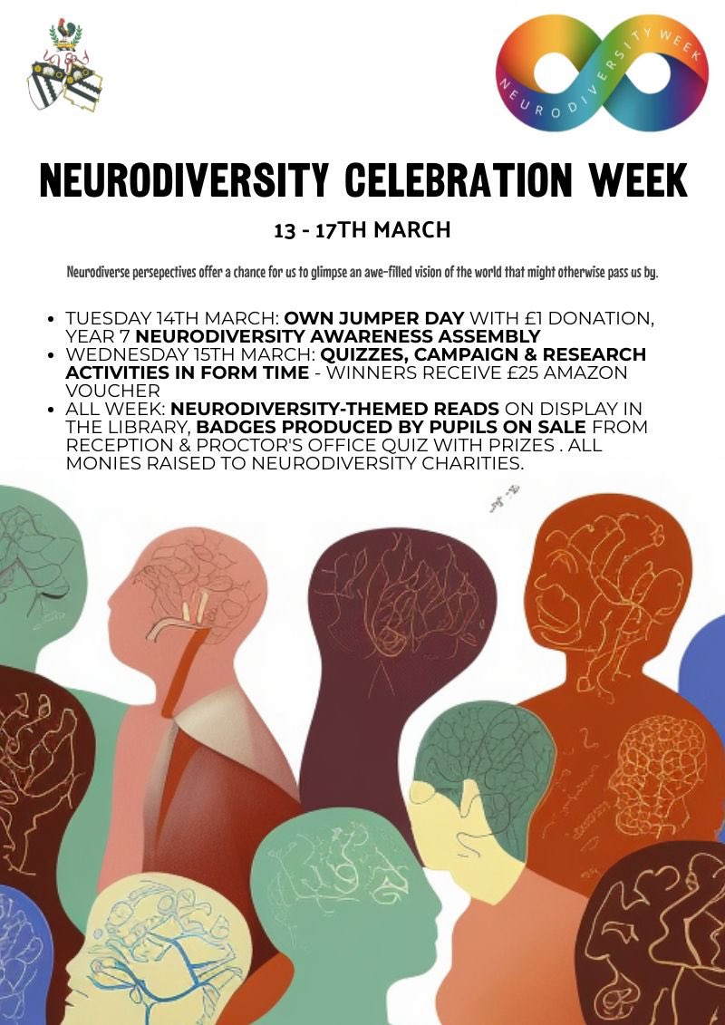 frausullivan's tweet photo. An overview of events taking place in Boys’ Div for #NeurodiversityCelebrationWeek 13-17th March in school @BoltonSch @nfordteacher @BSchLibrary #thisisND #Neurodiversity https://t.co/PkSEahvivP