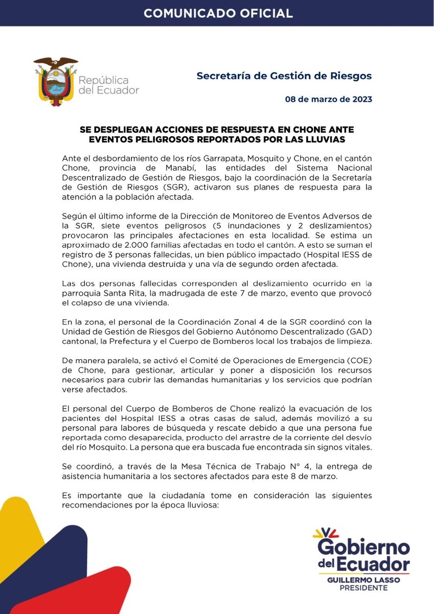Riesgos_Ec's tweet photo. 📌📄COMUNICADO | Se despliegan acciones de respuesta en Chone ante eventos peligrosos reportados por las lluvias.

➡️ https://t.co/aAH21z3DJ3

#GestiónDeRiesgosEc https://t.co/mhhtABWa7l