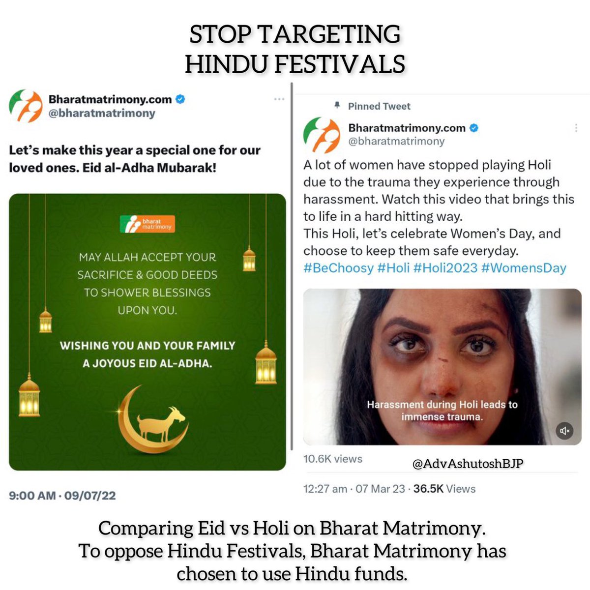 AdvAshutoshBJP's tweet photo. Under the name of #Holi, Bharat Matrimony gives gyan to Hindus on violence against women. 

Bharat Matrimony has used the beliefs of Indians for some financial gain! 

If you want to have fun, play with colors instead of feelings! 
Sorry, @bharatmatrimony!
#BoycottBharatMatrimony https://t.co/VDEcPJvO5a