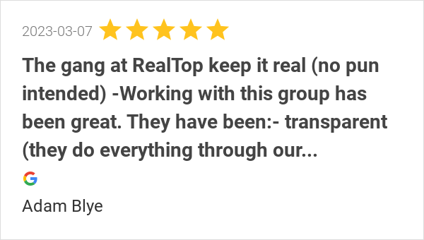 realtopdotcom's tweet photo. New 5.0-star Review: "The gang at RealTop keep it real (no pun intended) -Working with this group has been... https://t.co/skpkKYp3TF