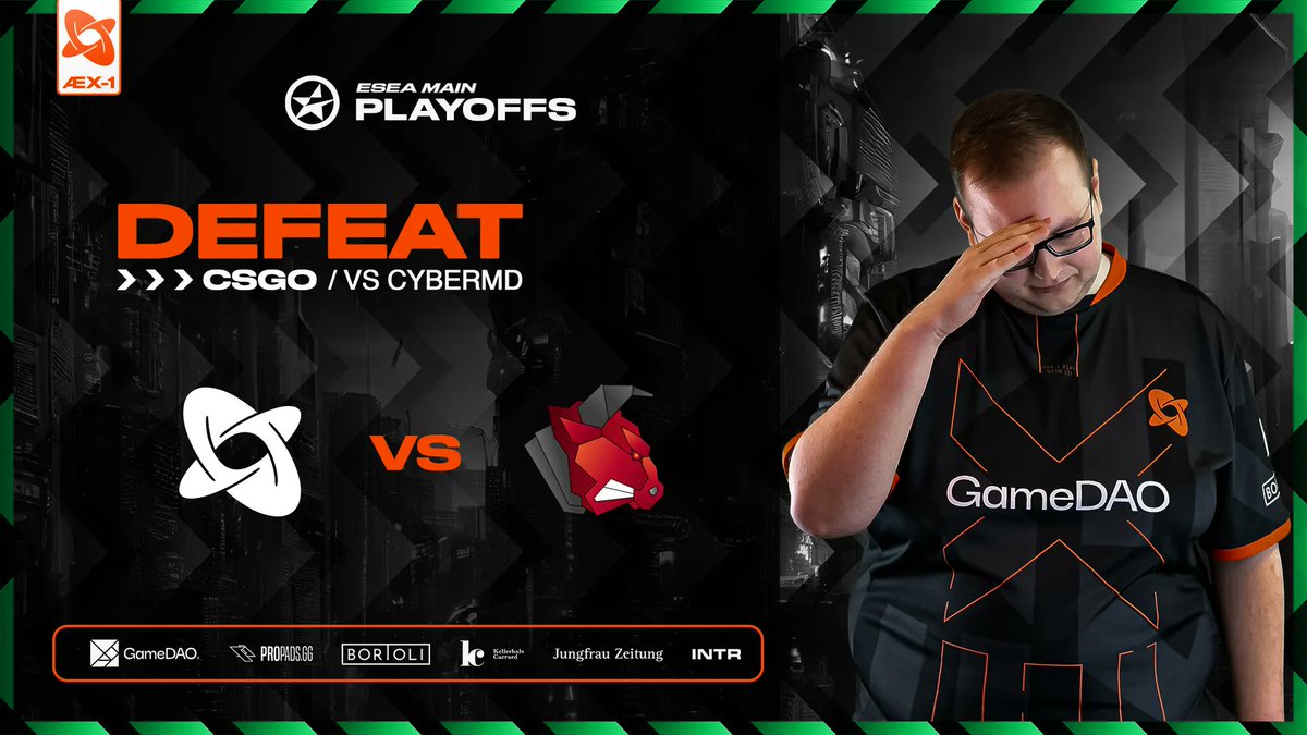 AEX1official's tweet photo. Simply too many mistakes, GGs #CYBERMD
We lose our first @ESEA Main Playoffs game but we aren´t out of it, yet.
Our lower bracket run begins!
#CSGO #AEXEED https://t.co/g5zfJEowQ1