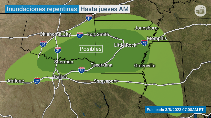 conexiontiempo's tweet photo. Hoy y mañana el riesgo de #tiemposevero regresa a las #llanuras del sur con posibles #tormentas eléctricas fuertes en #Dallas, #Shreveport, #LittleRock y #Memphis. Tenemos más pronósticos en vivo: https://t.co/S4IjH2xQxB https://t.co/Fd5Q3oumpl