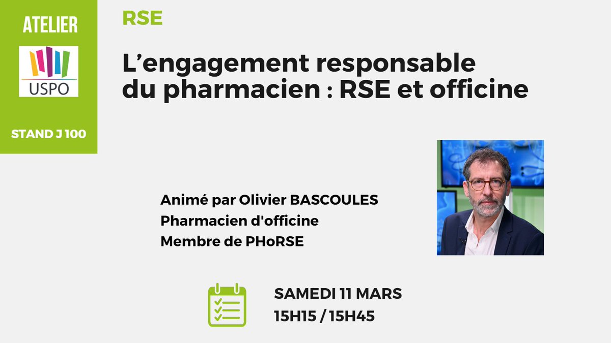[PHARMAGORA] Atelier  « L’engagement responsable du pharmacien : RSE et officine
✔️ L’USPO vous invite à un atelier animé par Olivier Bascoules, Pharmacien d’officine
👌 Comment adopter de bonnes pratiques RSE
👉 Inscription libre et gratuite : ow.ly/euof50Nb7GA