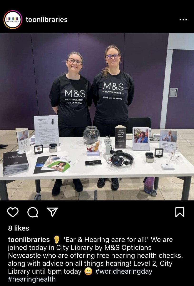 Yekiel's tweet photo. Pop on down to @ToonLibraries City Library today for a free hearing screening with the lovely Audiologists from M&amp;S Opticians @EldonSqNCL and @_Metrocentre!
#mandsopticians 
#worldhearingday #HearingLoss #hearing #health https://t.co/V9GLvTYgE8