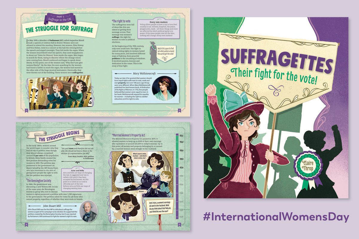 Happy #InternationalWomensDay
The people who fought for women's suffrage were inspirational. This fab book I designed is the story of their fight. 🟢⚪️🟣
Publisher: @risingstarsedu
Author: #ClaireThrop 
Illustrations: #Davideortu 
Editor: @Amytyrer
#IWD23 #bookdesign #IWD2023