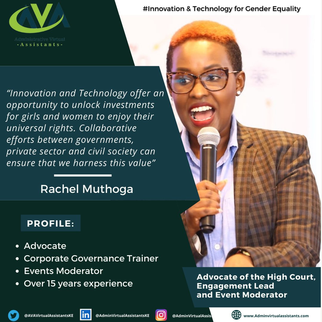 AVA_Assistants's tweet photo. #Celebrating @RachelMuthoga 

-Advocate
-Corporate Governance Trainer
-Events Moderator
-Over 15 years of experience

#WomenLeaders
#InnovationandTechnologyforGender
#iwd2023
#advocacy
#Collaboration https://t.co/grYuRcZHwo