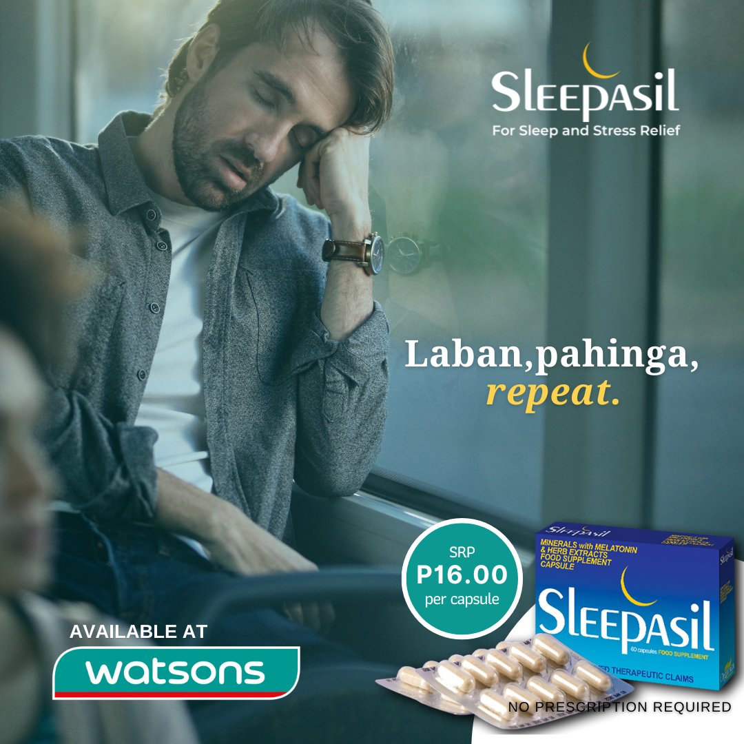 Sleepasil's tweet photo. We're halfway through the week. Kaya natin 'to!
Laban, pahinga, repeat! 🥰 ✨
Sleepasil is available in every Watsons nationwide. SRP P16.00 per capsule. 
-
Sleepasil is a sleep supplement made of melatonin with chamomile, valerian root, and lemon balm for sleep and stress relief https://t.co/SjUhSJn4mA
