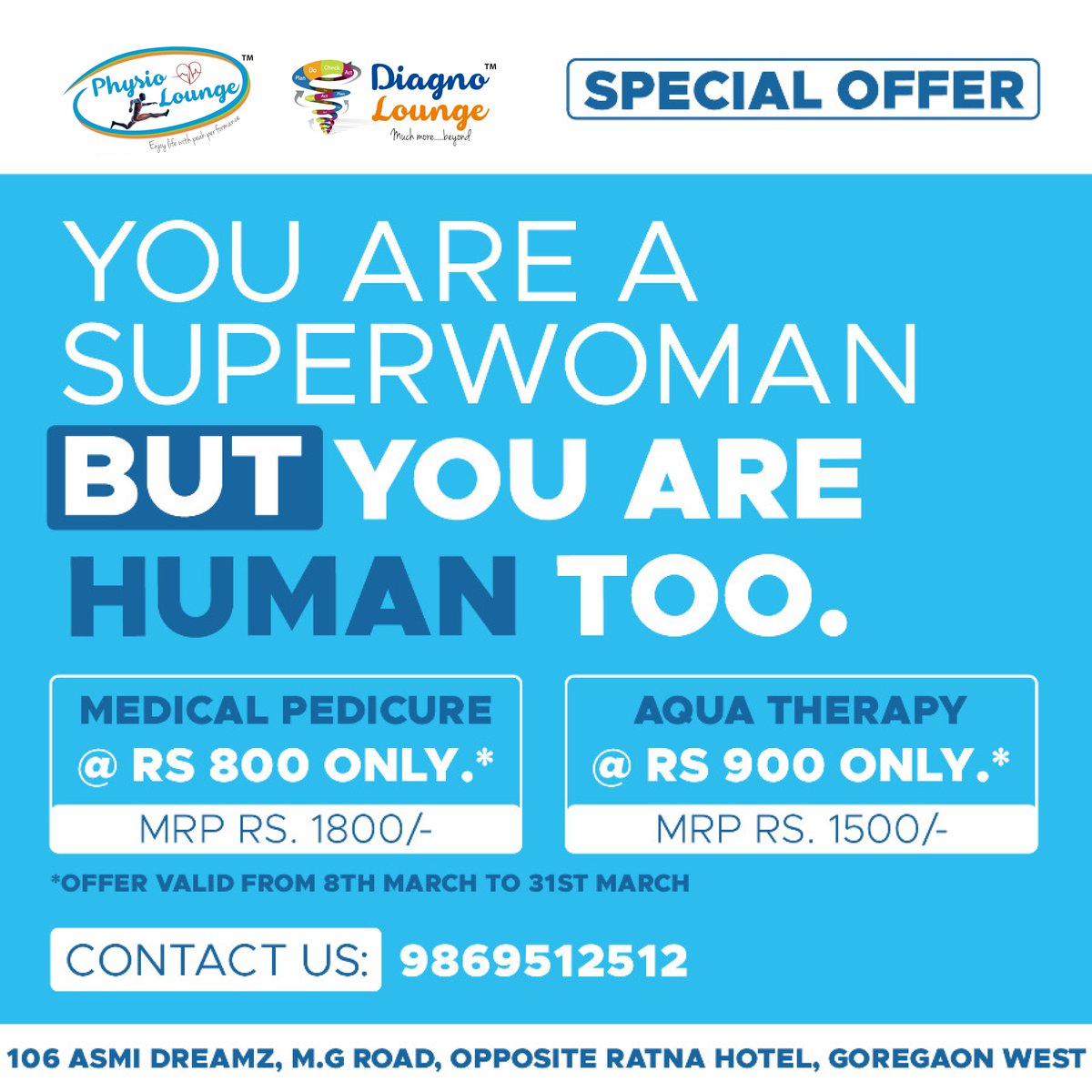 Hey there woman!
Smile. It's your day.
& we're making it your month.
The offer is valid till 31st march.
Let's grab before you forget about it while being the Superwoman.

#womensday #internationalwomensday #womensday2023 #physiolounge #diagnolounge #mumbai #wednesday #Twitter
