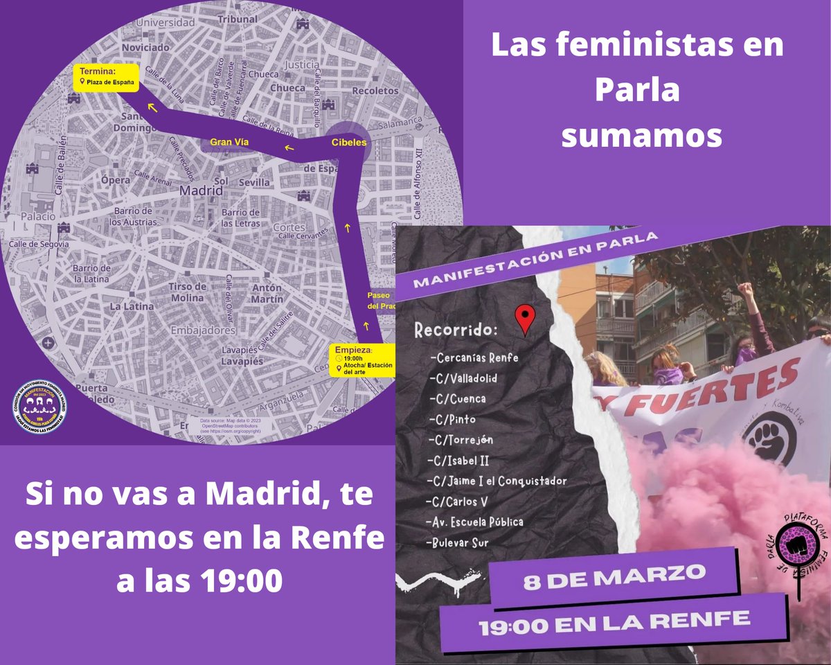 8Mparla's tweet photo. Las feministas en Parla sumamos. Si no vas a la convocatoria de Madrid, en Parla nos manifestamos a las 19;00 en la Renfe. 

💜Nos vemos en las calles💪🏿💪🏾💪🏽 https://t.co/ZNYdgFYDlI