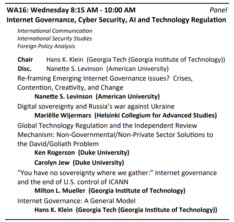 Marielle_W_'s tweet photo. Such a pleasure to share a panel with Nanette S. Levingston, @miltonmueller, Hans K. Klein, @rogerson and Carolyn Jew (do reach out to meet for coffee if 8:15 AM is not your thing) https://t.co/k7Lti4mqKa