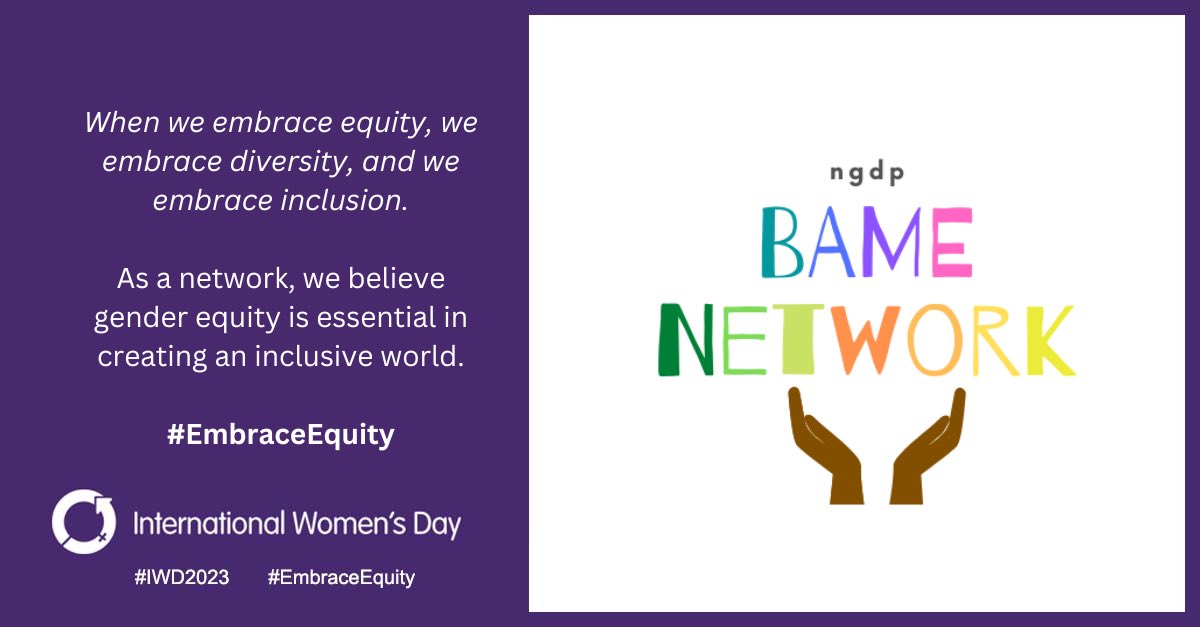 NGDP_BAME's tweet photo. We must #EmbraceEquity to overcome discrimination and exclusion, which continues to adversely affect women.
 
This #InternationalWomensDay we want to celebrate the incredible impact that women in our network and across local government make working with communities. https://t.co/hDczdS9kJc