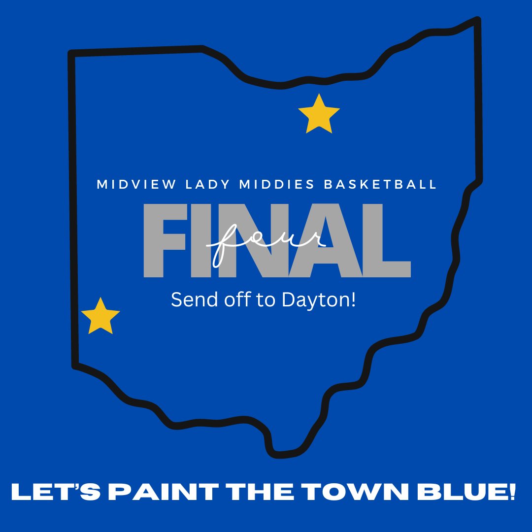 Our community send off is today at 5:30! We will start off at the high school and head west on Capel rd to rt 57, turn left heading south on 57 through Grafton to Parsons rd! Come show up to support your Lady Middies on their way to Dayton for the State Final 4! #PaintTheTownBlue